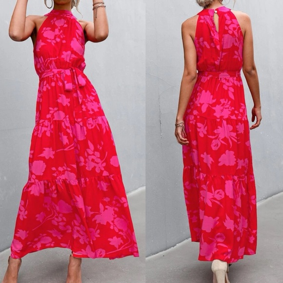 Boho pint floral print belted halter maxi dress - Picture 2 of 5